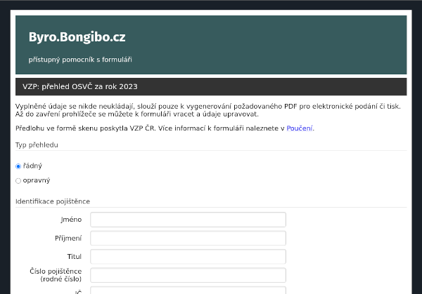 Snímek webové stránky www.byro.bongibo.cz ukazující můj alternativní formulář Přehled OSVČ pro VZP.