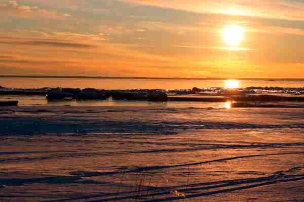 Západ slunce nad zasněženou pláží. Na moři jsou u pobřeží ledové kry. Fotografie je zahalena do přicházejícího soumraku. V popředí vyčuhuje několik suchých stébel.
