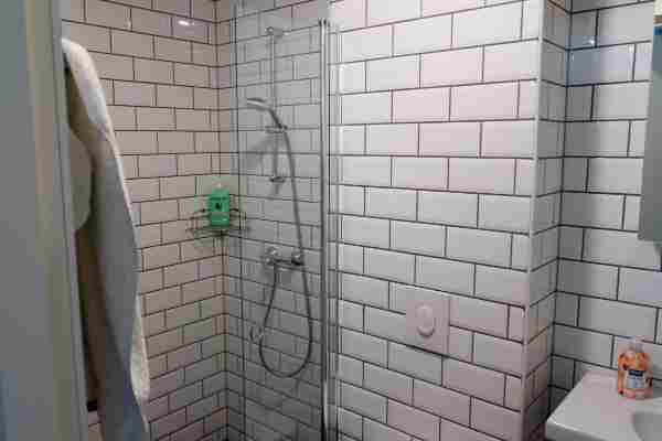 Prostor koupelny členěný na sprchu za skleněnou přepážkou (vlevo), viditelné splachování toalety (ale neviditelný zásobník) a kousek širokého umyvadla a zrcadla. Stěna je obložená bílými obdélníkovými kachličkami s šedým spárováním – imituje to cihlový motiv. Ve sprše je v drátěné poličce v rohu velký šampón/sprchový gel, na umyvadle pak tekuté mýdlo. Naproti záchodu je vodorovný věšák na ručník.